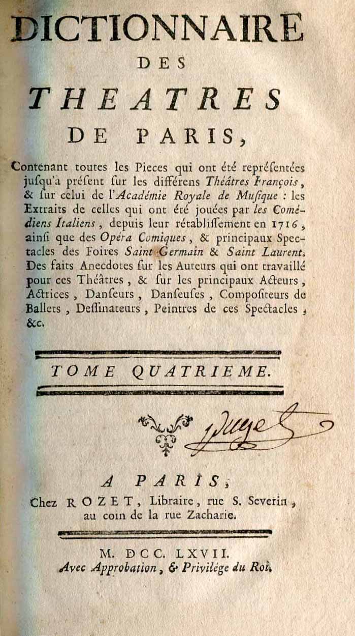 Dictionnaire de Theatres de Paris. Tome IV